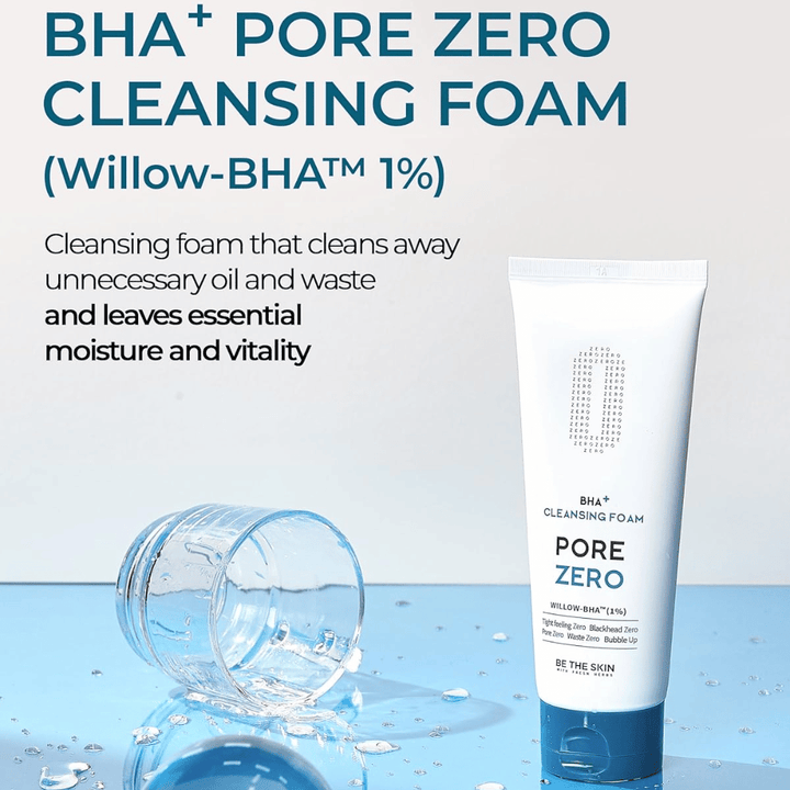 Campaign image highlighting Willow-BHA™ (1%) and the product's ability to cleanse away excess sebum and impurities while the skin retains moisture and radiance. The blue color palette gives a clean and refreshing impression.