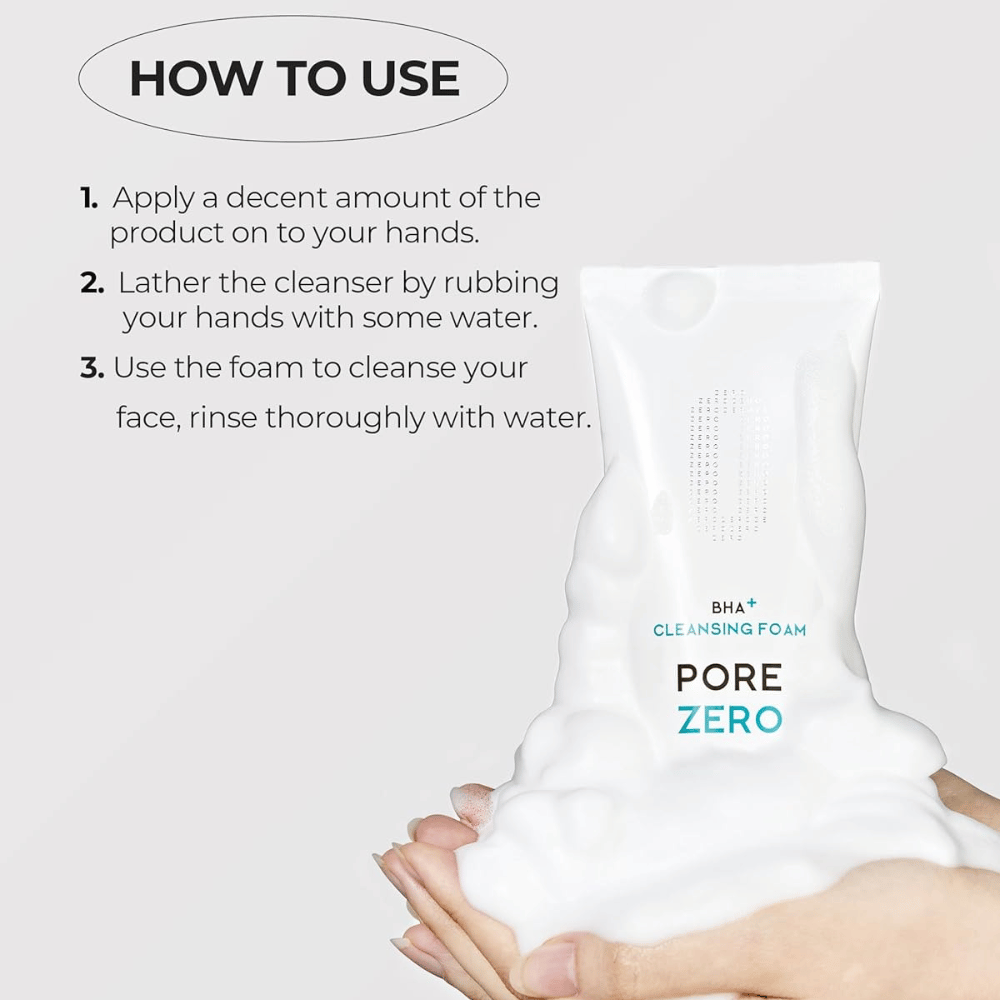 Instructional image showing how Be The Skin BHA+ Pore Zero Cleansing Foam is used step by step. The product is shown together with abundant foam to highlight the soft and foaming cleansing experience.