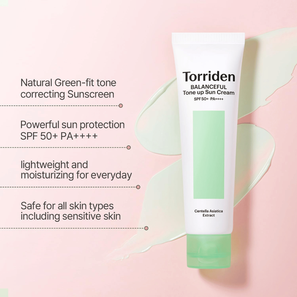 Torriden Balanceful Tone Up Sun Cream SPF50+ PA++++ with a green color-correcting tone-up effect that helps even out redness and provide a natural glow.
