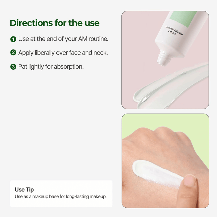 Torriden Balanceful Tone Up Sun Cream SPF50+ PA++++ with Centella Asiatica shown together with application tips and the cream's lightweight, smoothing consistency on the skin.