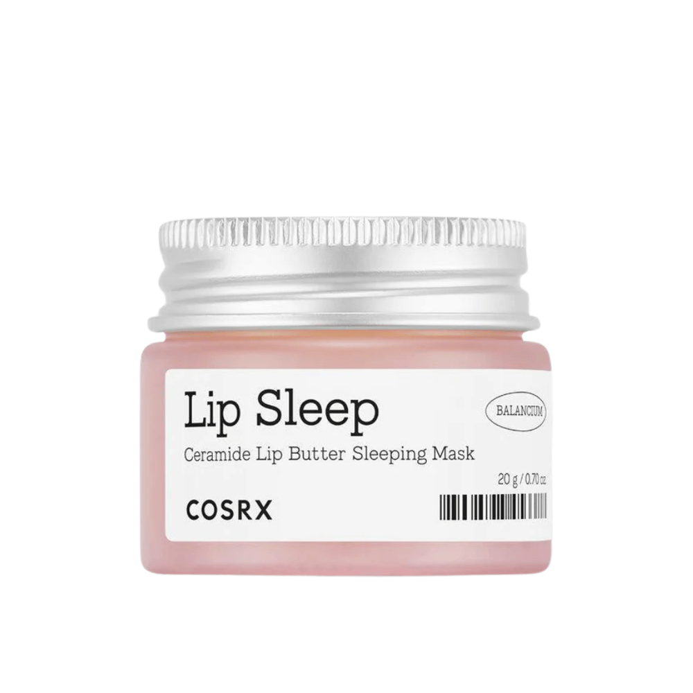 COSRX Lip Sleep Ceramide Lip Butter Sleeping Mask in a pink jar with a silver lid. A fragrance-free, nourishing night mask for soft, hydrated lips.