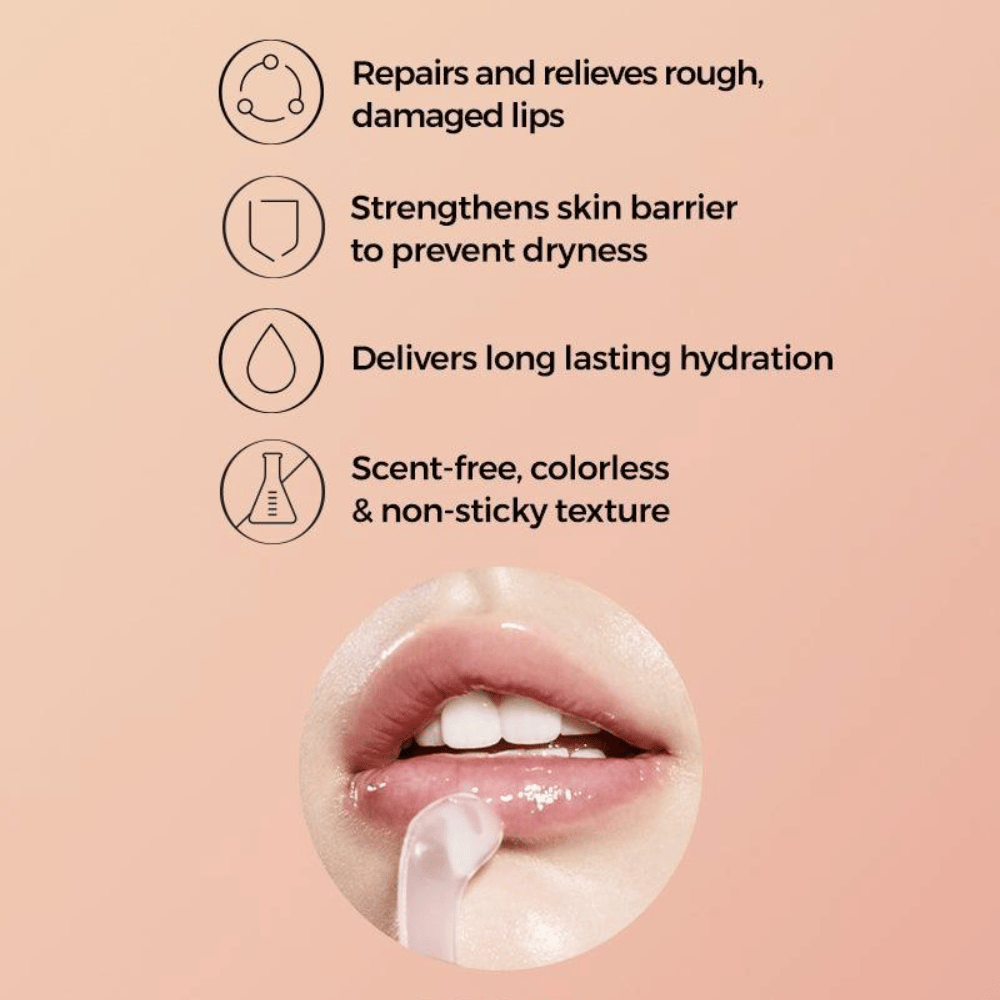 Close-up of lips with COSRX Lip Sleep mask being applied. Text highlights the product's features: repairs cracked lips, strengthens the skin barrier, and provides long-lasting moisture.
