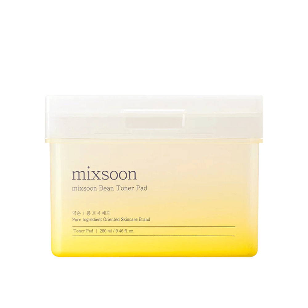 "A square, transparent container with Mixsoon Bean Toner Pad. The container has a yellowish tint and text describing the product, including the volume of 280 ml (9.46 fl. oz).