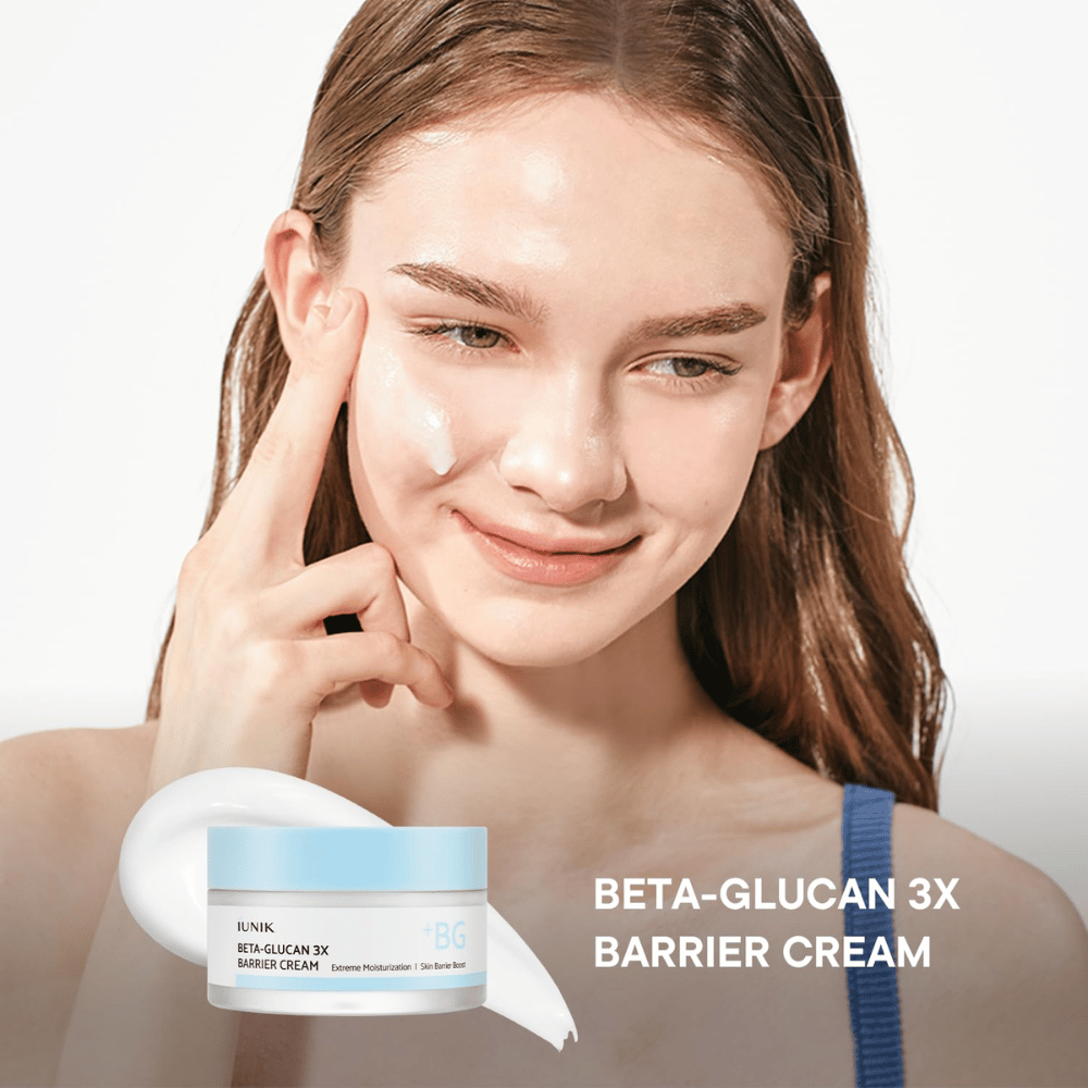 iUNIK Beta-Glucan 3X Barrier Cream applied to the skin for deep hydration and a strengthened skin barrier