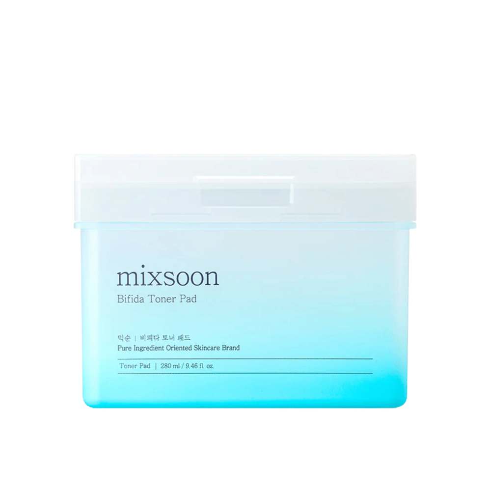 A transparent container with a blue and white gradient containing Bifida toner pads. The container is labeled with "mixsoon Bifida Toner Pad" and holds 280 ml (9.46 fl. oz.) of toner pads, designed for skincare and moisturizing effect.