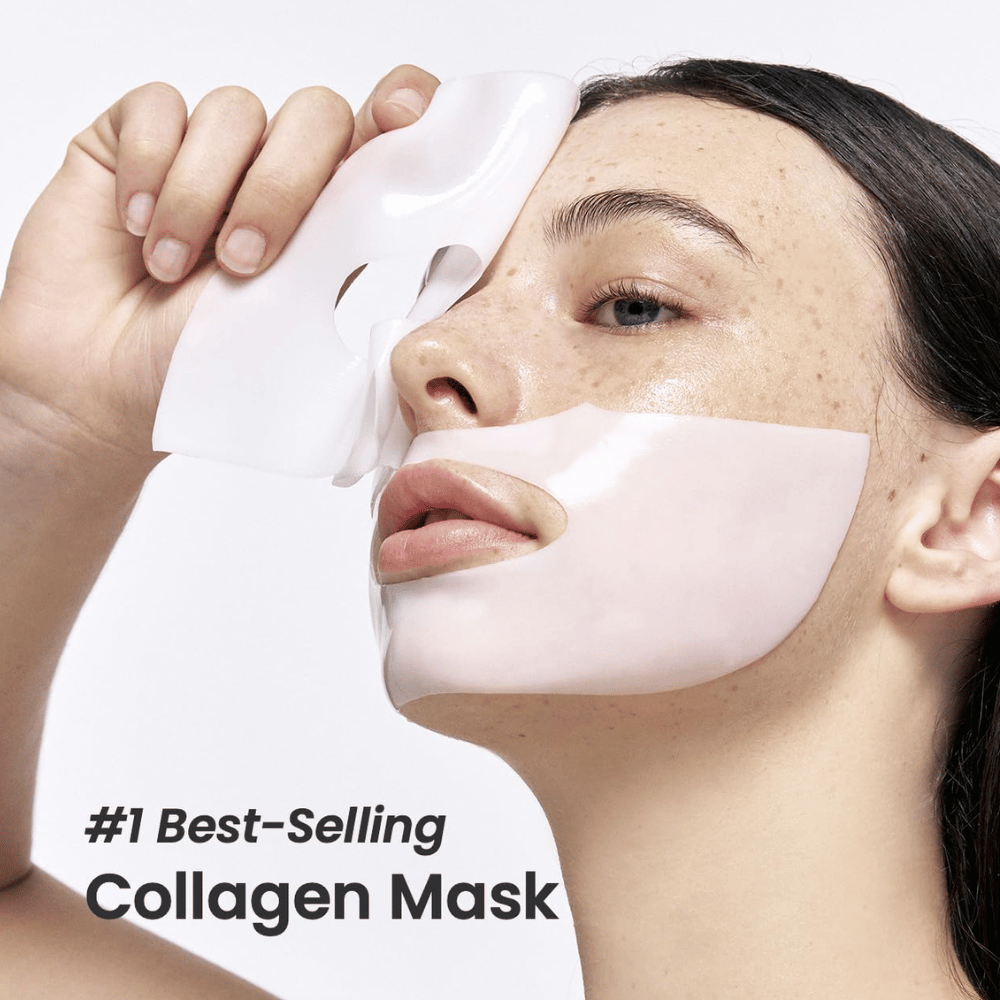 The image shows a young woman applying Bio-Collagen Real Deep Mask from Biodance, a face mask labeled as "#1 Best-Selling Collagen Mask". The mask is white and covers her cheeks and mouth, highlighting its popularity and effectiveness for skincare.