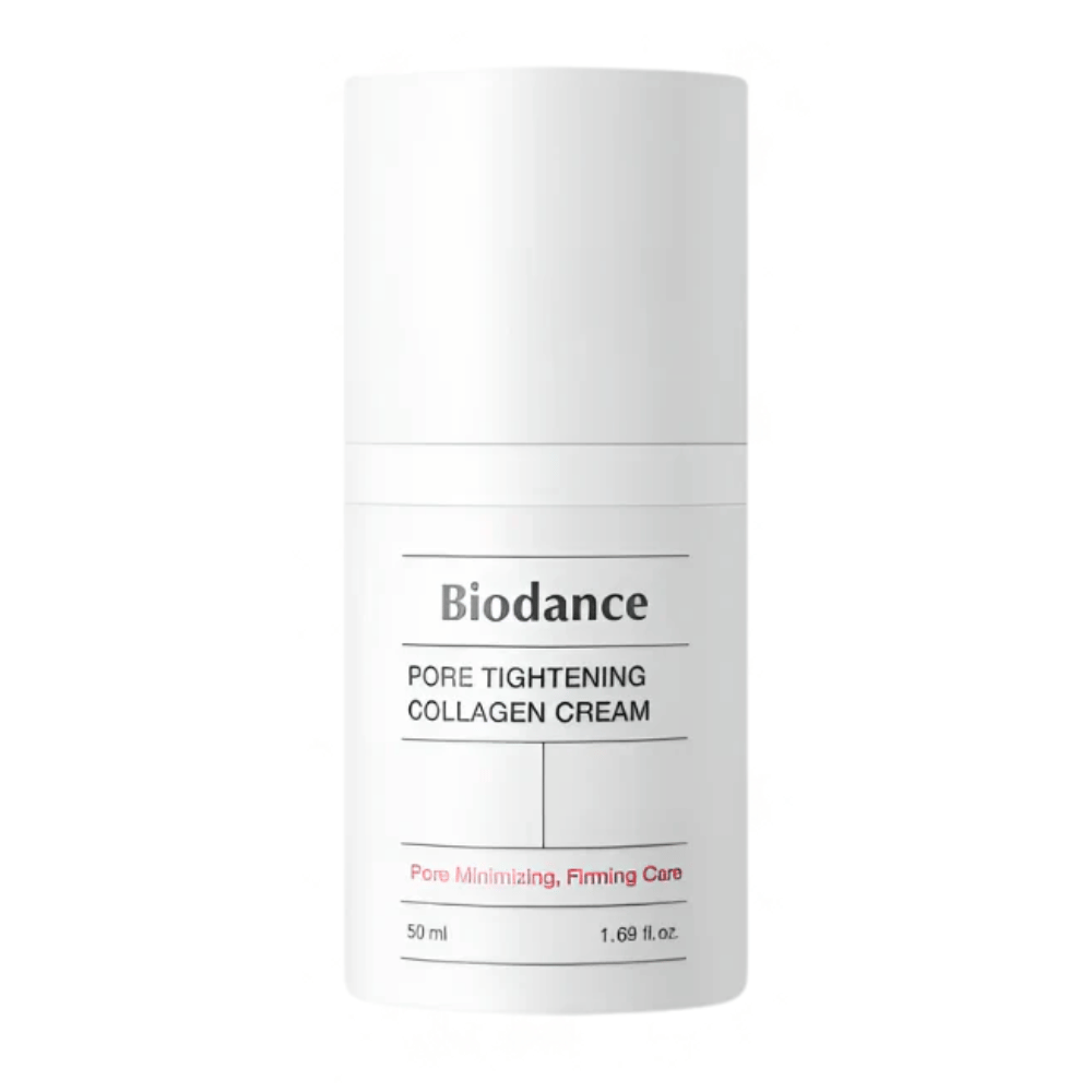 Biodance Pore Tightening Collagen Cream i enkel vit förpackning med minimalistisk design, 50 ml.