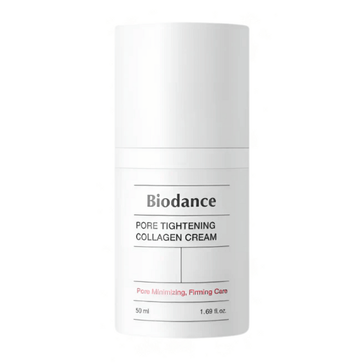 Biodance Pore Tightening Collagen Cream i enkel vit förpackning med minimalistisk design, 50 ml.