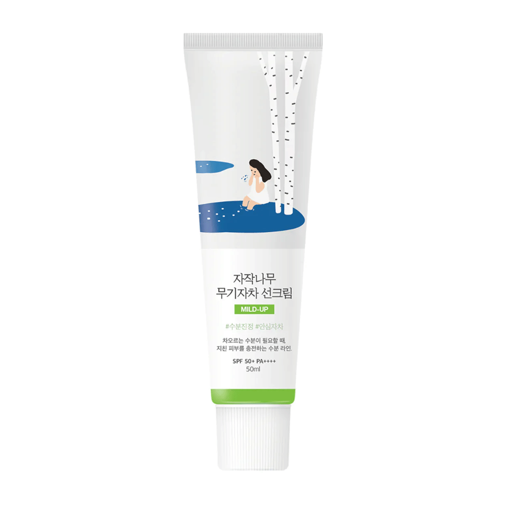 Birch Juice Moisturizing Mild Up Sunscreen SPF 50+ PA++++ – sunscreen in a white tube with an illustration of birches and a girl by the stream, 50 ml.