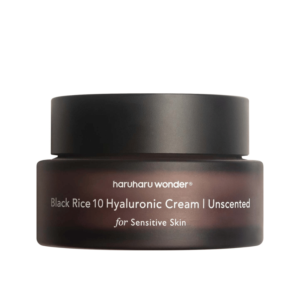 The image shows a jar of skin cream from the brand haruharu wonder. The product is called "Black Rice 10 Hyaluronic Cream" and is specially formulated for sensitive skin, as indicated by the text.