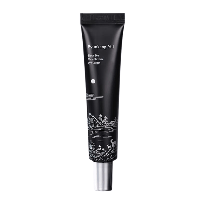Pyunkang Yul Black Tea Time Reverse Eye Cream 25 ml in a black tube with fermented black tea, peptides, and moisturizing ingredients for the eye area.