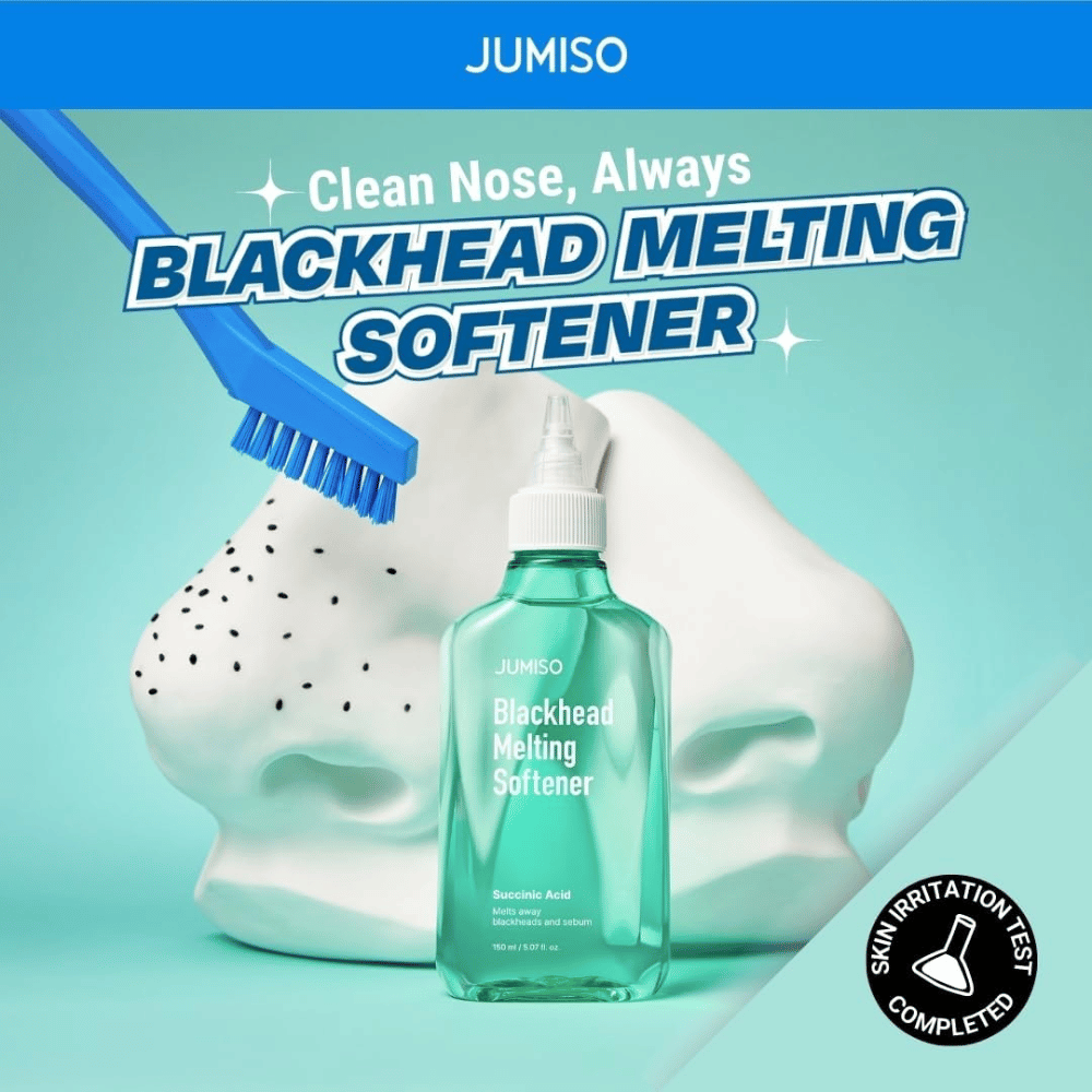 JUMISO Blackhead Melting Softener with brush against white nose model. Text: “Clean Nose, Always”. Clinically tested for skin irritation.