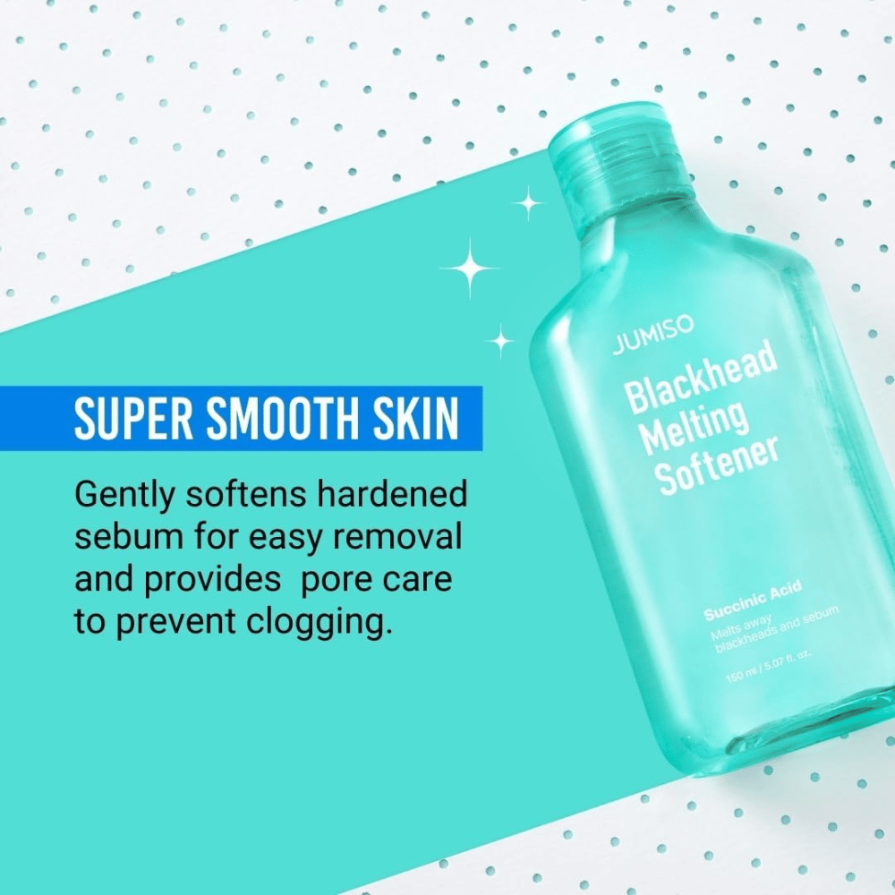 JUMISO Blackhead Melting Softener shown on turquoise background. Text emphasizes that the product softens sebum and prevents clogged pores.