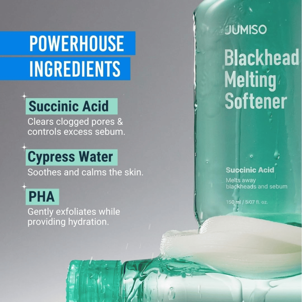 Close-up of JUMISO Blackhead Melting Softener bottle. Text shows key ingredients: succinic acid, cypress water, and PHA for pore cleansing.