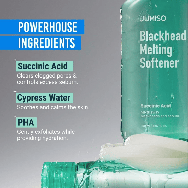 Close-up of JUMISO Blackhead Melting Softener bottle. Text shows key ingredients: succinic acid, cypress water, and PHA for pore cleansing.
