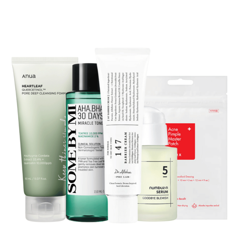 
A collection of skincare products designed to combat blemishes and acne. The set includes Anua Heartleaf Quercetin+ Pore Deep Cleansing Foam, SOME BY MI AHA.BHA.PHA 30 Days Miracle Toner, Dr. Althea Pro Lab 5 Numbuzin Serum, and Acne Pimple Master Patch. These products are specially formulated to soothe, clear, and treat problem skin, as well as effectively reduce the visibility of pimples and pores.
