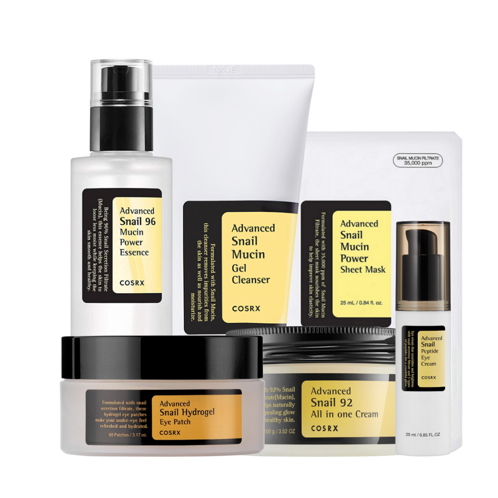 A collection of COSRX beauty products with a snail slime theme, including essence, gel cleanser, sheet mask, eye patches, and cream.