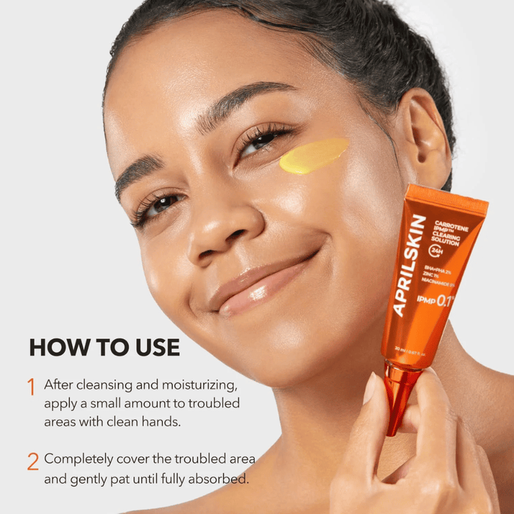 Model shows how APRILSKIN Carrotene IPMP Clearing Solution is used on problem areas for acne, blackheads and inflamed outbreaks