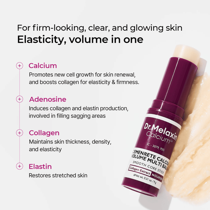 Dr. Melaxin Cemenrete Calcium Volume Multi Balm with calcium, adenosine, collagen, and elastin for increased elasticity, firmer skin, and improved skin texture.