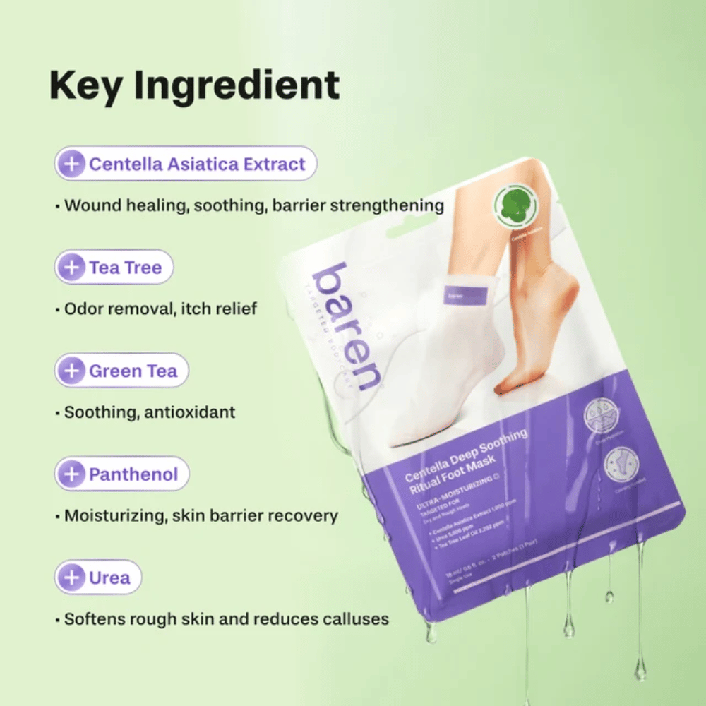 3. Baren Centella Deep Soothing Ritual Foot Mask – key ingredients such as centella asiatica, tea tree, green tea, panthenol, and urea