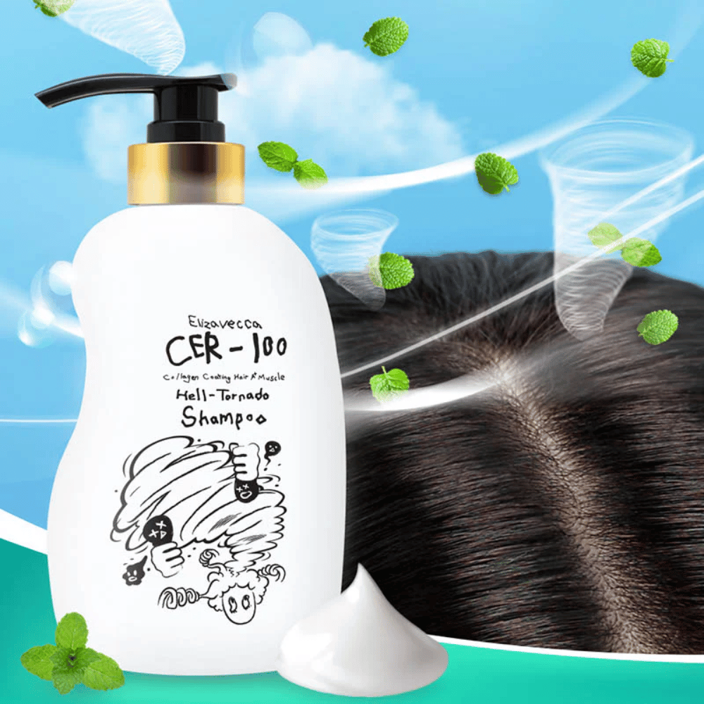Elizavecca CER-100 Collagen Coating Hair A+ Muscle Helltornado Shampoo is shown in front of a close-up of the scalp. Swirling winds and mint leaves illustrate a refreshing, cooling feeling and a focus on scalp care.