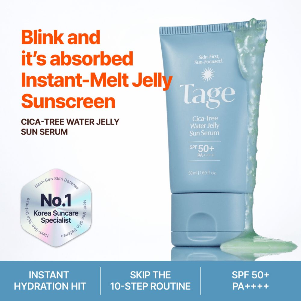 Tage Cica-Tree Water Jelly Sun Serum SPF 50+ with a light gel texture. Blue sunscreen tube with green gel showing the product's texture.