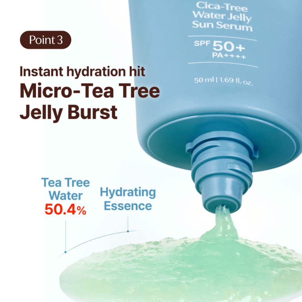 Tage Cica-Tree Water Jelly Sun Serum SPF 50+ with 50.4% tea tree water. Close-up of green, moisturizing gel being squeezed out of the tube.