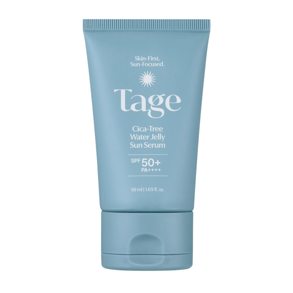 Tage Cica-Tree Water Jelly Sun Serum SPF 50+ PA++++ 50 ml, moisturizing sunscreen serum in a light blue tube against a white background.