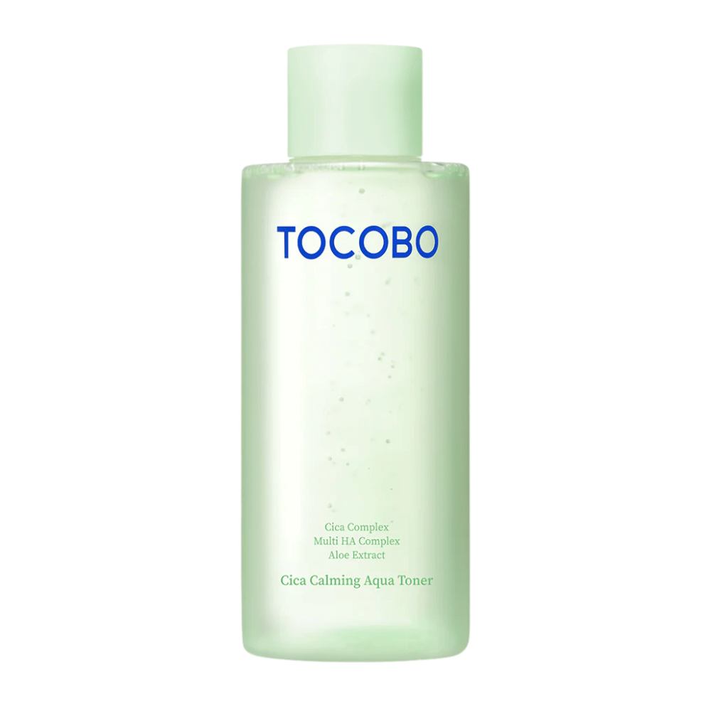 Cut-out product image of TOCOBO Cica Calming Aqua Toner with a minimalist light green design that highlights the product’s clean and soothing feel.