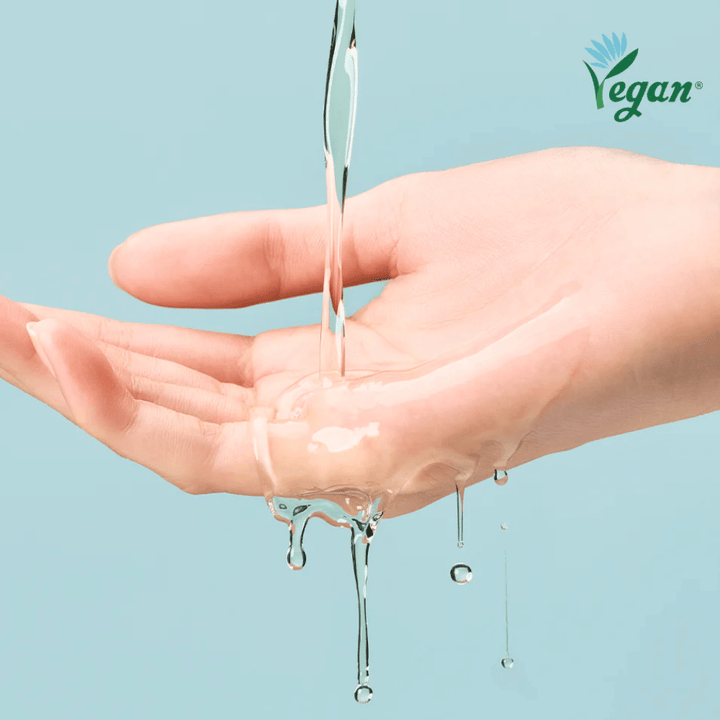 Texture image where the light, water-like formula is demonstrated in the hand to show quick absorption and a fresh, moisturizing feel on the skin.