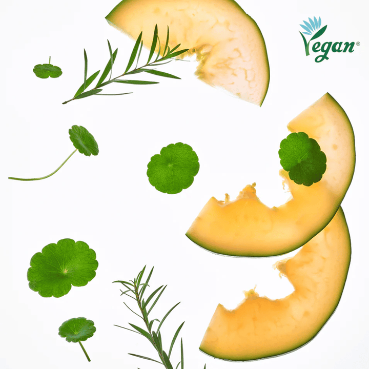 Vegan skincare with melon, centella asiatica, and plant extracts that soothe the skin and provide hydration.
