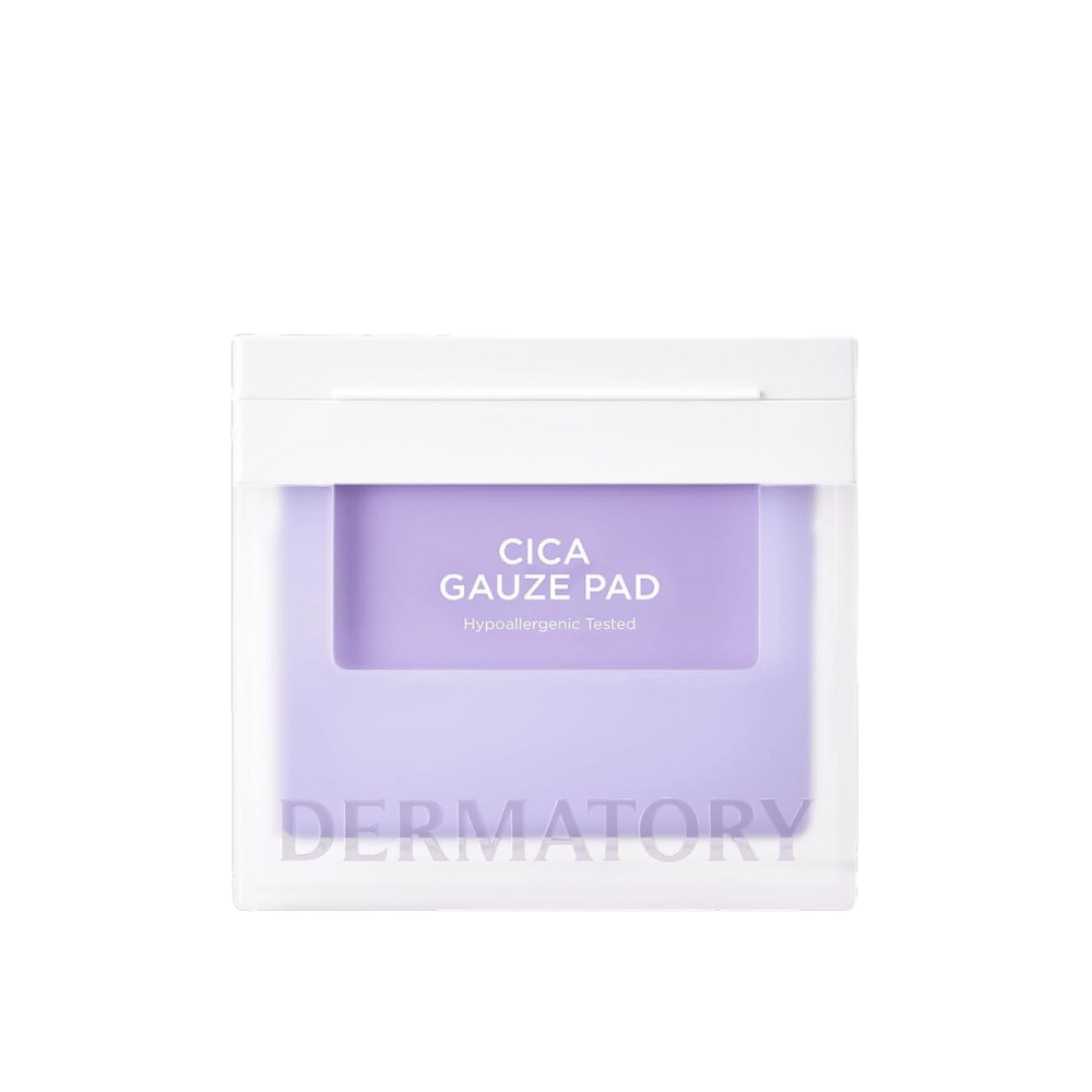 Packaging of Cica Gauze Pad, hypoallergenic tested product from Dermatory. Designed to soothe the skin and strengthen its barrier. Purple and white minimalist packaging.