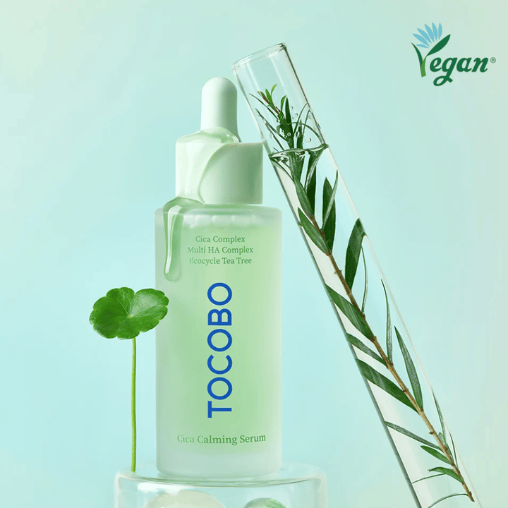 TOCOBO Cica Calming Serum together with cica leaves and tea tree, vegan Korean serum that soothes redness, deeply hydrates, and balances the skin.