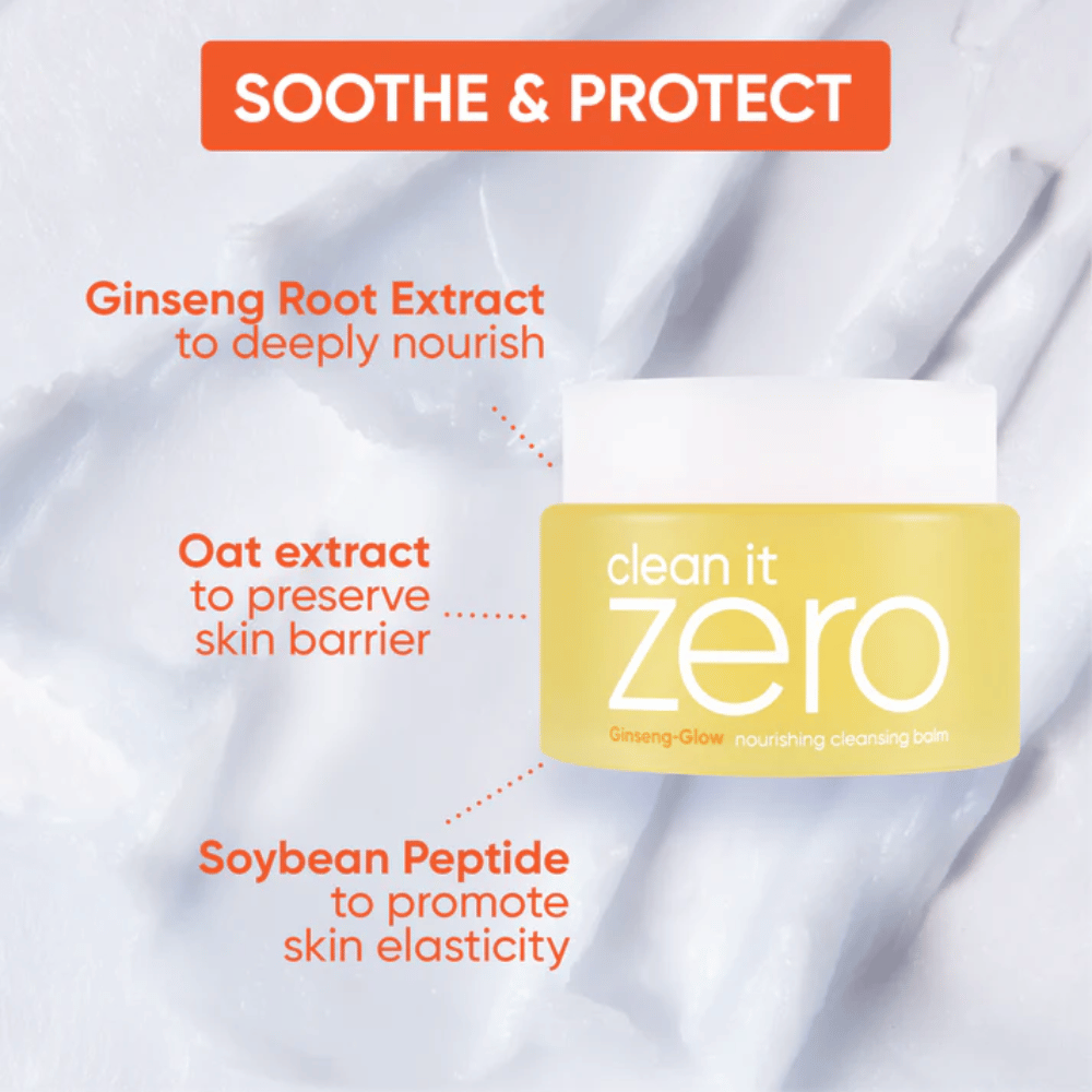 Clean It Zero Ginseng-Glow Cleansing Balm from BANILA CO with ginseng, oat extract, and soy peptides, designed to soothe, protect, and strengthen the skin barrier while dissolving makeup and dirt.