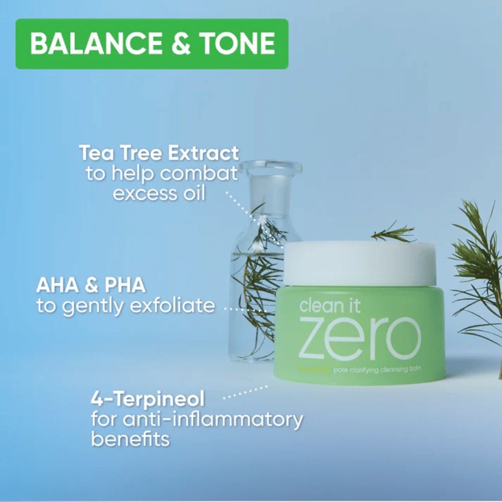 Clean It Zero Pore Clarifying Cleansing Balm with Tea Tree extract, AHA, and PHA that balances the skin, reduces excess oil, and gently exfoliates for a clearer complexion.