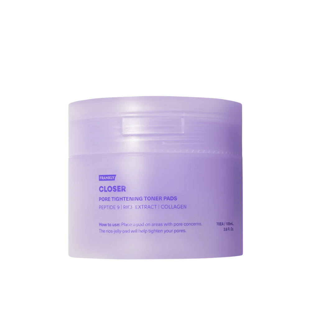 Product image of FRANKLY Closer Pore Tightening Toner Pads in a purple jar. Toner pads with peptides, rice extract, and collagen for pore refinement.