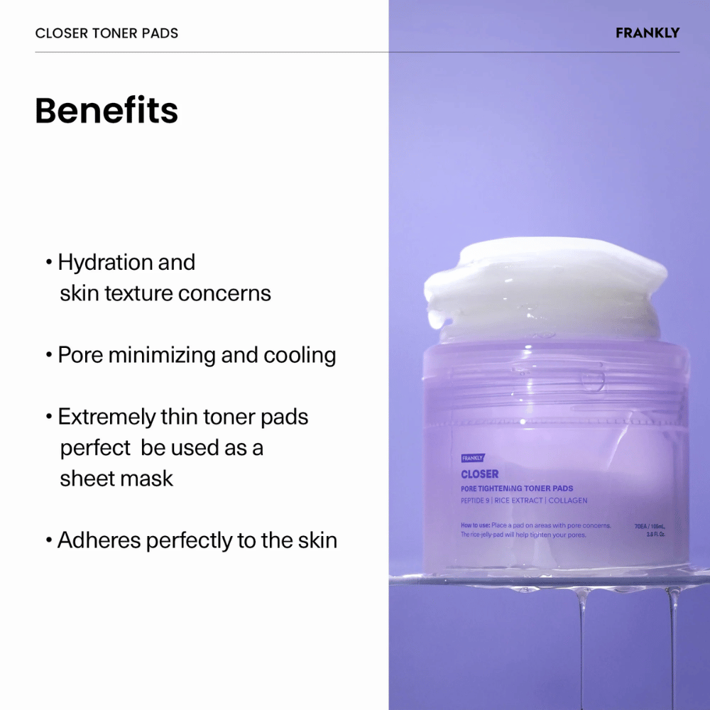 Purple jar with FRANKLY Closer Toner Pads filled with thin, hydrating pads. Text describes benefits such as pore reduction and cooling effect.