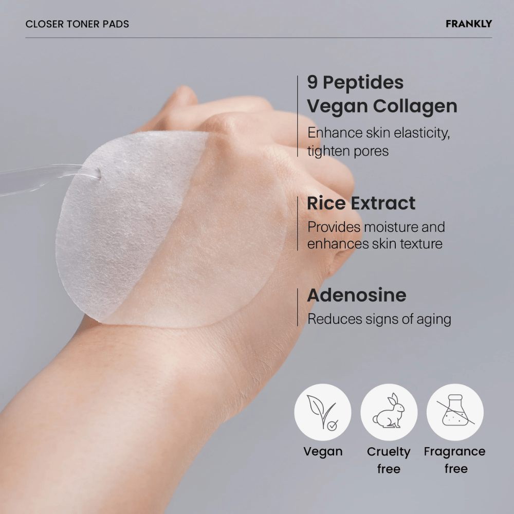 Close-up of FRANKLY Closer Toner Pad on hand. Text shows ingredients like 9 peptides, vegan collagen, rice extract, and adenosine. Vegan and cruelty-free.