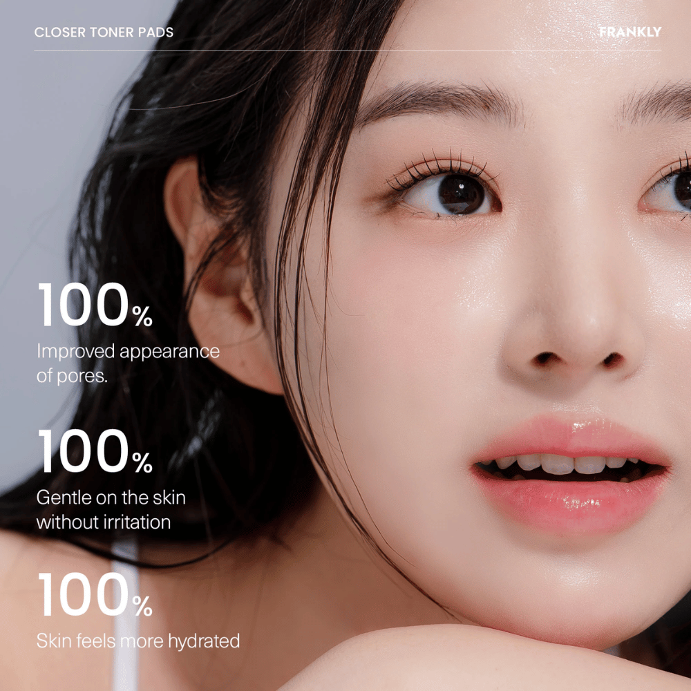 Woman with FRANKLY Closer Toner Pads shows results: 100% improved pore structure, 100% hydrated skin, and 100% irritation-free.