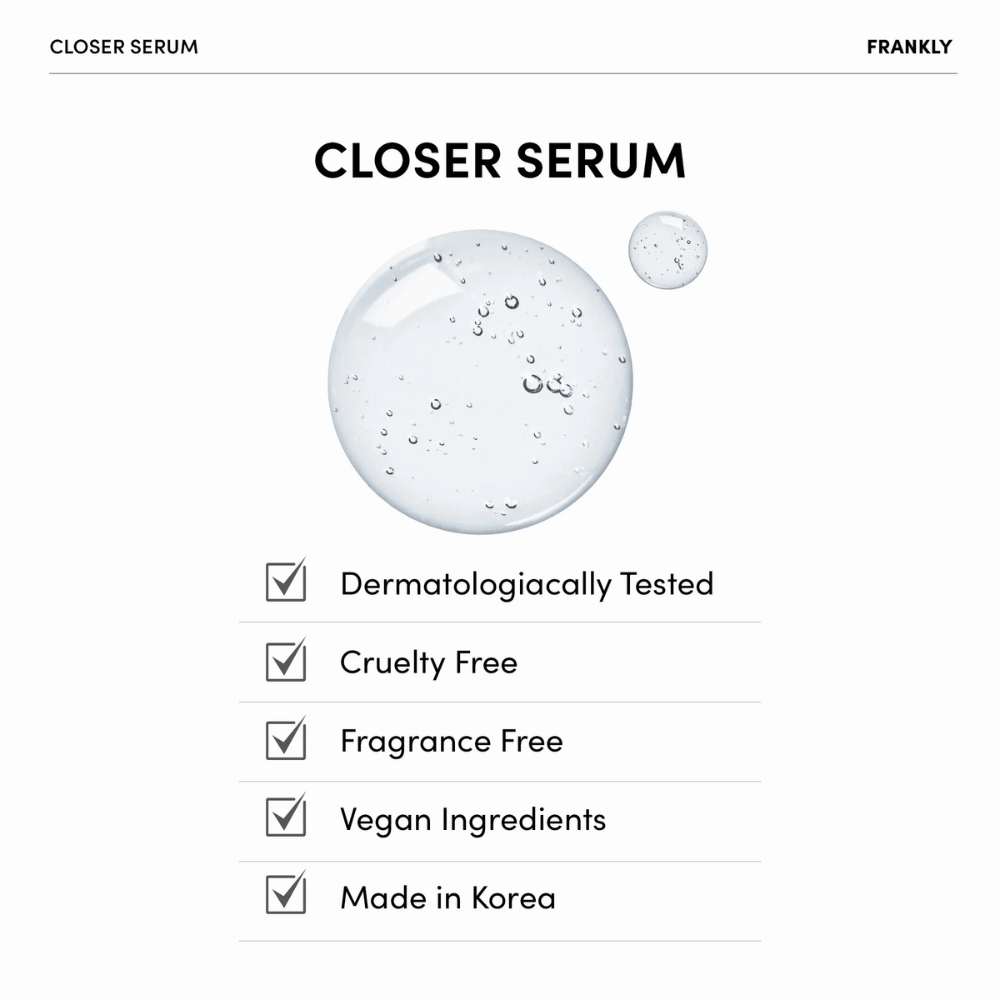FRANKLY Closer Serum with transparent gel and list of features: dermatologically tested, vegan, cruelty-free and fragrance-free.