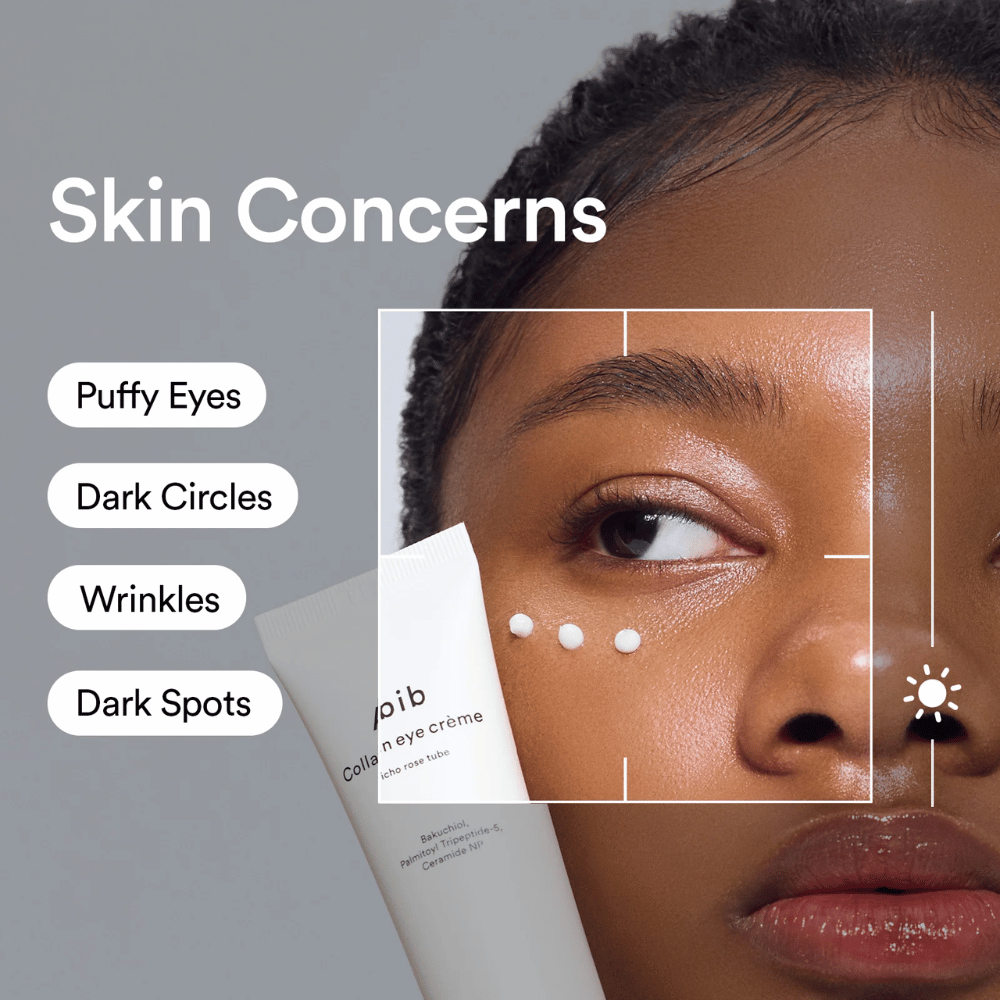 Woman applying Abib Collagen Eye Crème under the eye to treat puffiness, dark circles, wrinkles, and pigmentation spots.