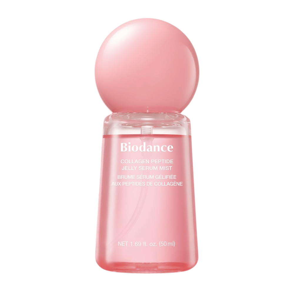 Biodance Collagen Peptide Jelly Serum Mist 50 ml – pink facial mist and serum with collagen and peptides for hydration and radiance.