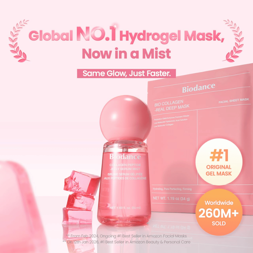 Biodance Collagen Peptide Jelly Serum Mist together with Biodance Bio-Collagen Real Deep Mask – hydrogel-inspired skincare for glow and hydration.
