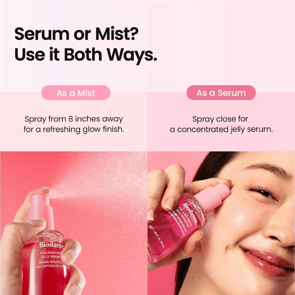 Biodance Collagen Peptide Jelly Serum Mist can be used both as a facial mist and a serum for hydration and a fresh, radiance-boosting finish.
