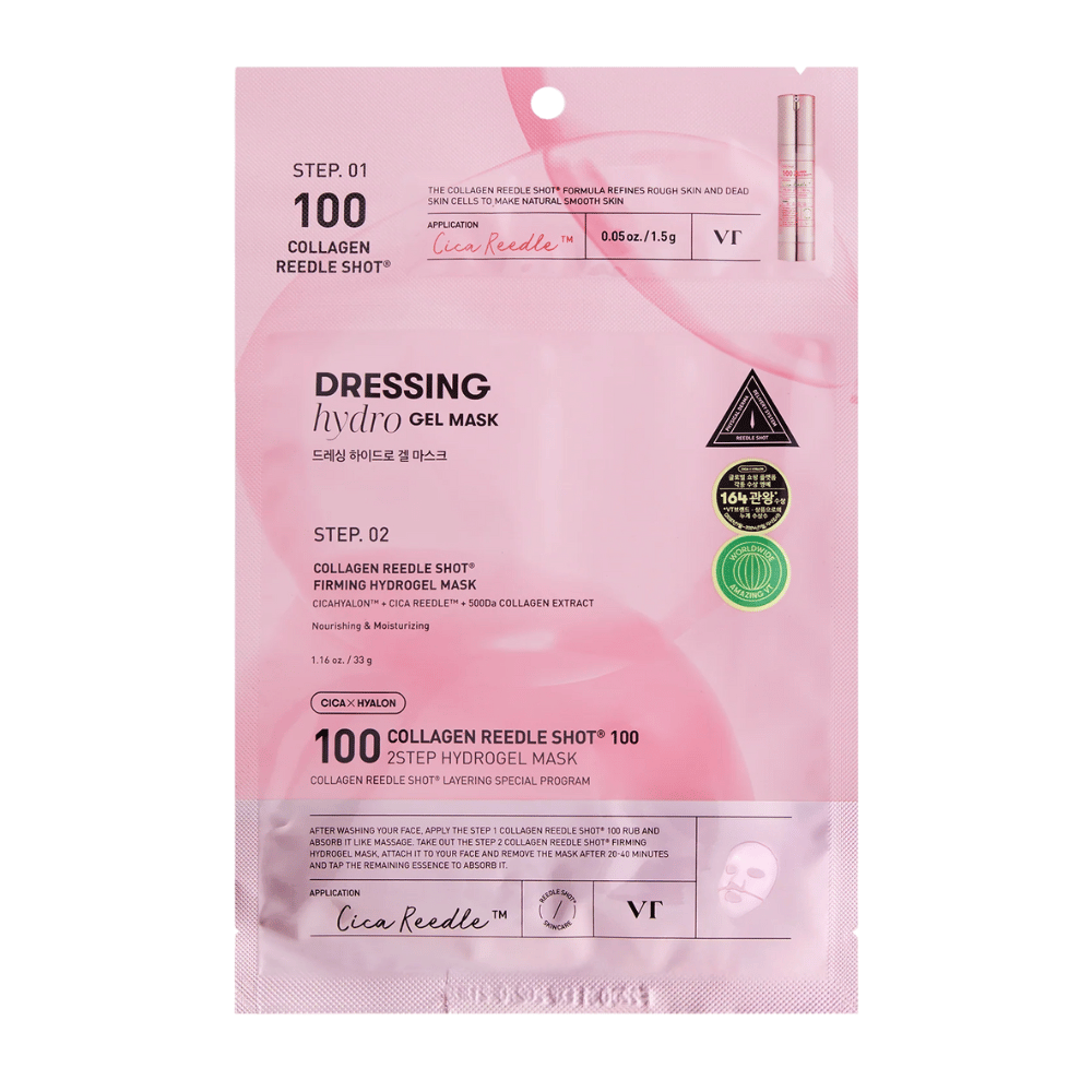 Packaging of VT Collagen Reedle Shot 100 2-Step Hydrogel Mask in pink design. Shows step 1 with Cica Reedle™ and step 2 with firming hydrogel mask containing CICAHYALON™ and 500Da collagen extract.