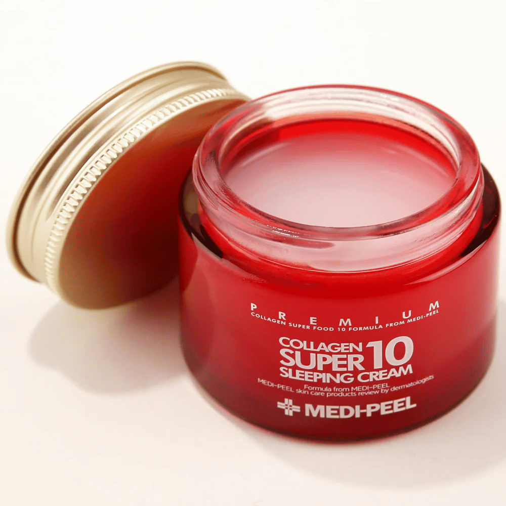 Close-up of MEDI-PEEL Collagen Super 10 Sleeping Cream with gel-cream texture that absorbs overnight and provides intense hydration.