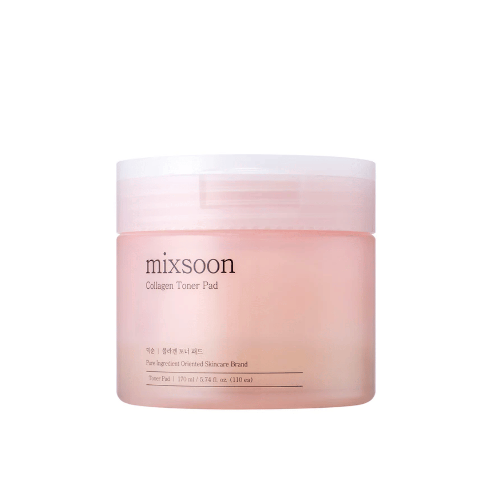 Mixsoon Collagen Toner Pad in an elegant, pink jar with 110 pads – moisturizing toner for daily skincare.