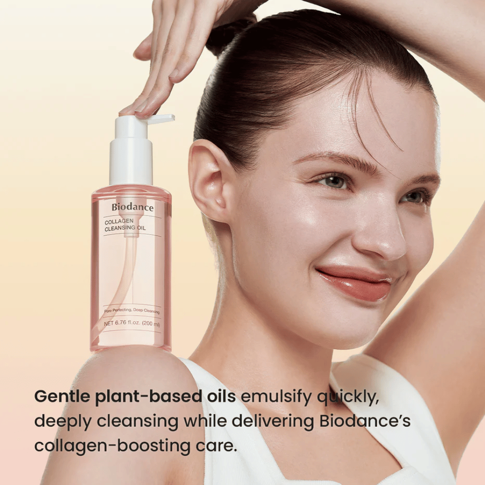 Smiling woman with glowing skin uses Biodance Collagen Cleansing Oil. The product is clearly displayed with text about plant-based oils and collagen-supporting cleansing.