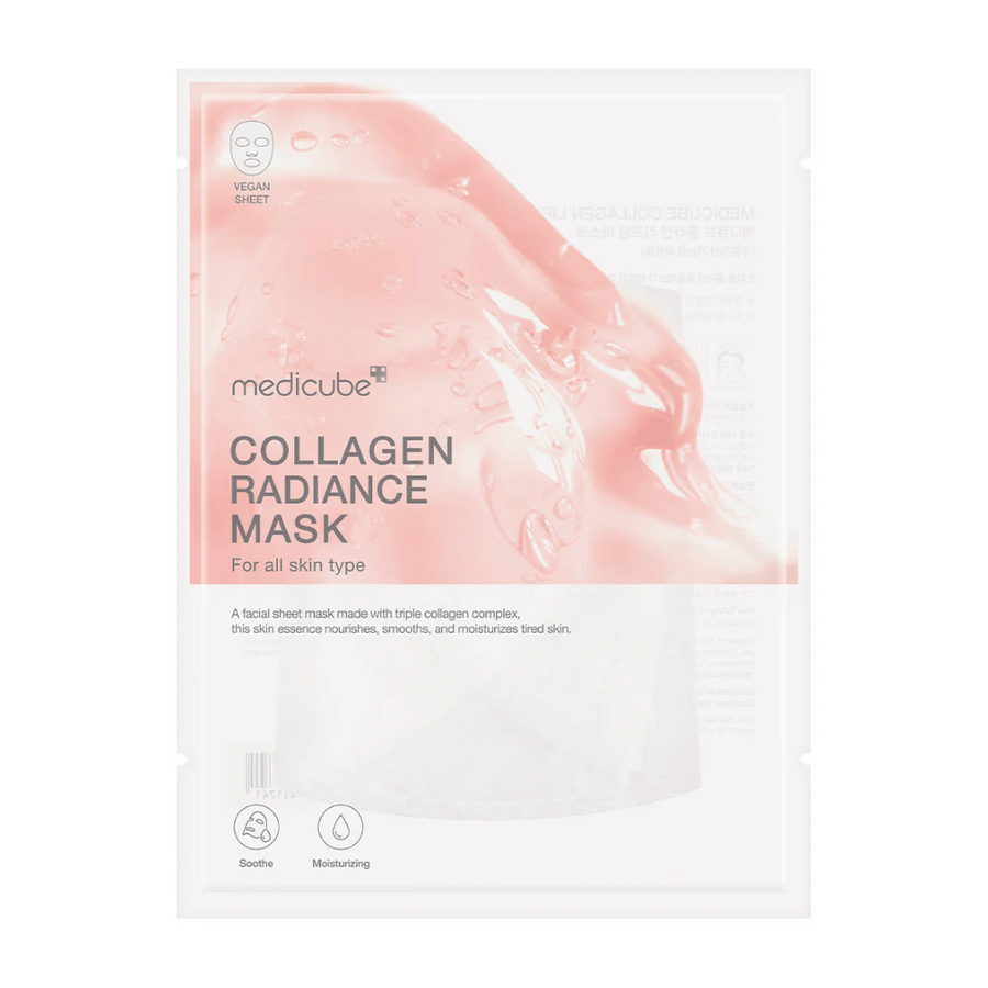 The packaging of "Medicube Collagen Radiance Mask," a face mask with three types of collagen complexes. The mask is intended for all skin types and promises to hydrate, smooth, and give radiance to tired skin. The packaging is in a light color with clear text and graphic elements that highlight the product's features.