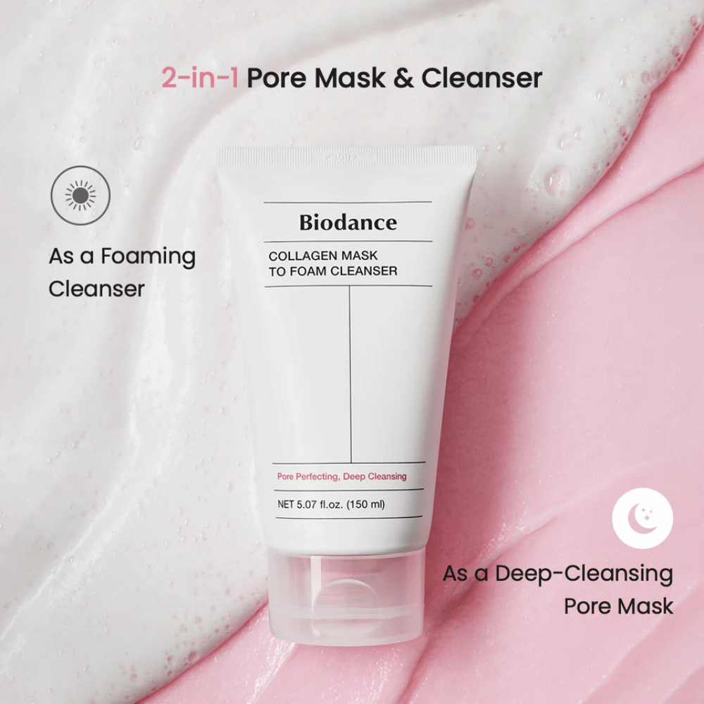 Image of Biodance Collagen Mask to Foam Cleanser placed on top of pink and white cleansing texture. The product is described as a 2-in-1 pore-cleansing mask and foaming cleanser.